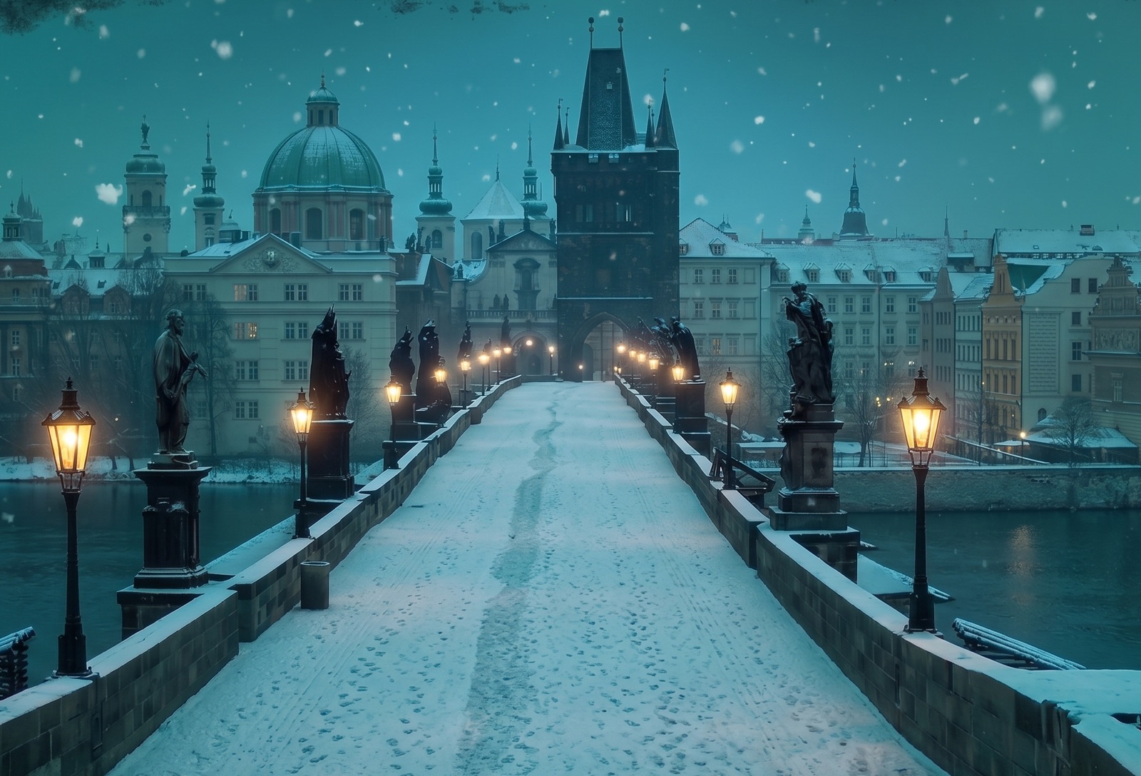 Charles Bridge in Prague at night, covered in snow, with lit street lamps