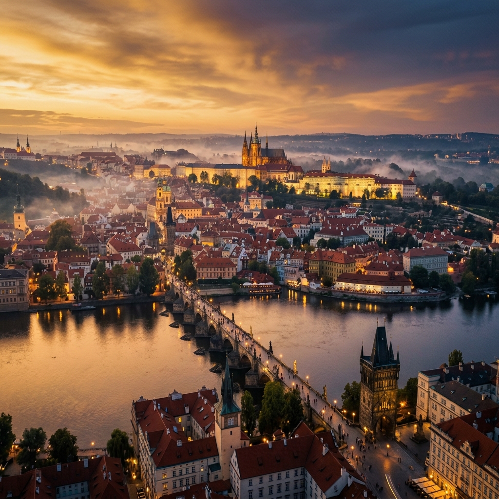 Aerial view of Prague at golden hour